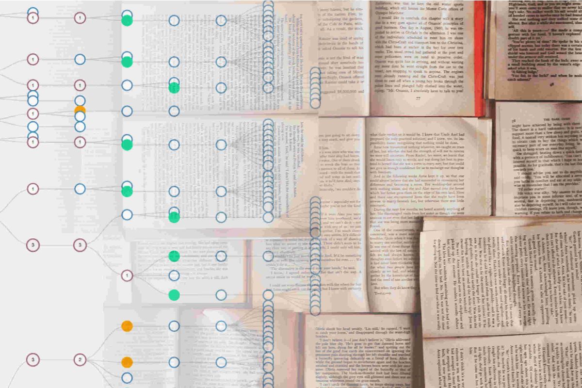 Screenshot of the project network visualisation superimposed on a set of printed open book pages.